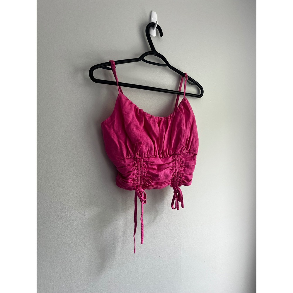 Forever 21 Hot Pink Linen Blend Ruched Smocked Crop Top Small Beach Costal Fairy